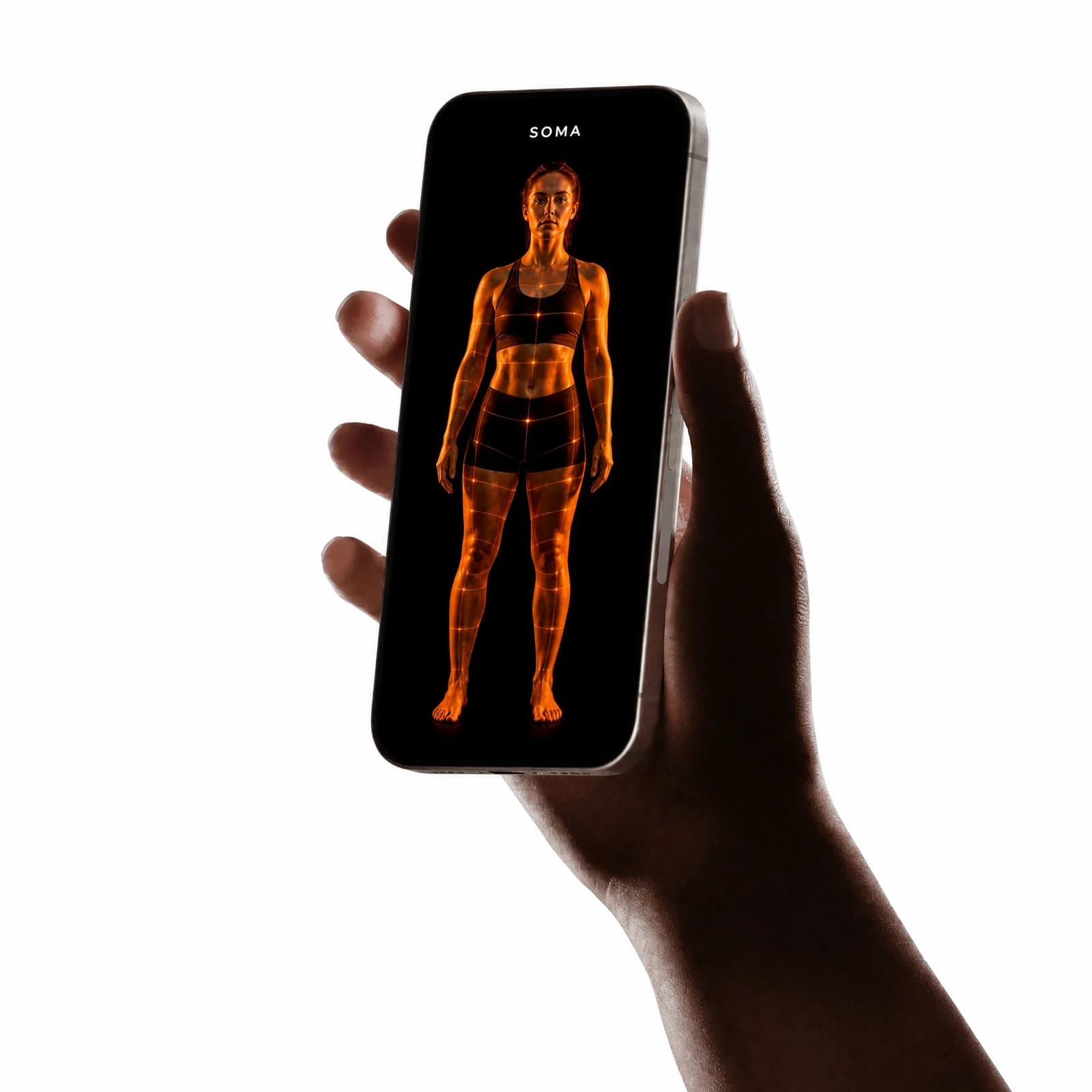 A hand holding a phone with an orange digital body model, from the Carbon-based digital-double concept.