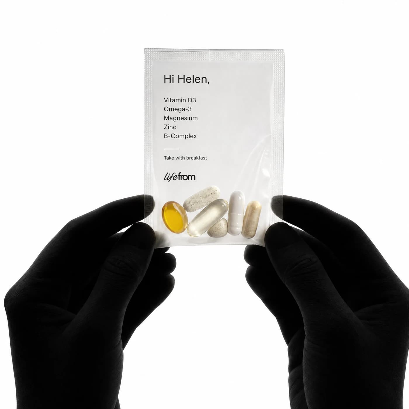 A LifeFrom daily supplement sachet, personalised and labelled by time of day