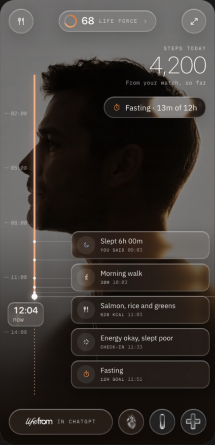LifeFrom inside an assistant: today's timeline with meals, a walk and a running fast